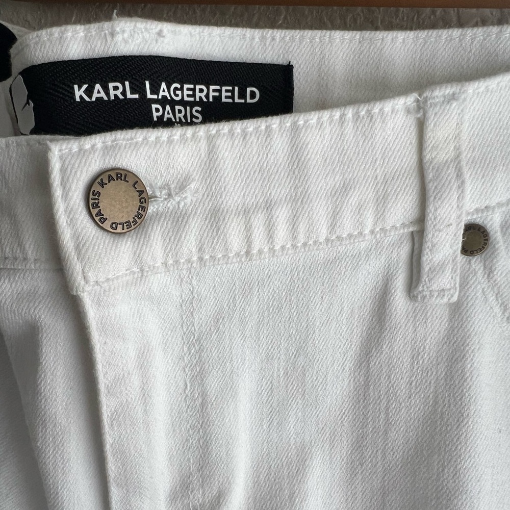 Karl Lagerfeld Paris Seamed Fringed Cuff White Jeans - Picture 12 of 13